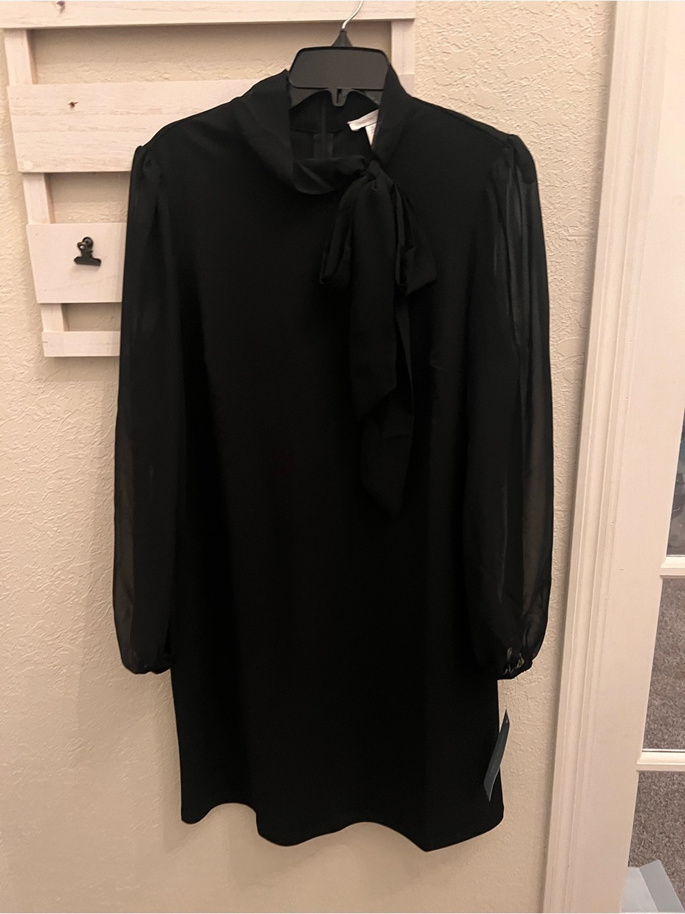 London Times Black Tie Neck Sheath Dress Size 14 Sheer Long Sleeves Cocktail NWT